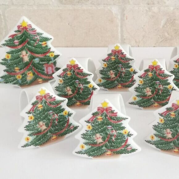 Vintage Christmas Tree Ceramic Napkin Rings & Candle Holder Set, Abbott Japan - Picture 1 of 10